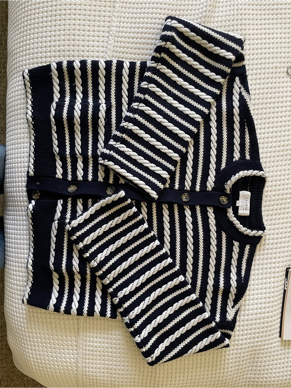 La Ligne Navy and Cream Striped Knit Cardigan